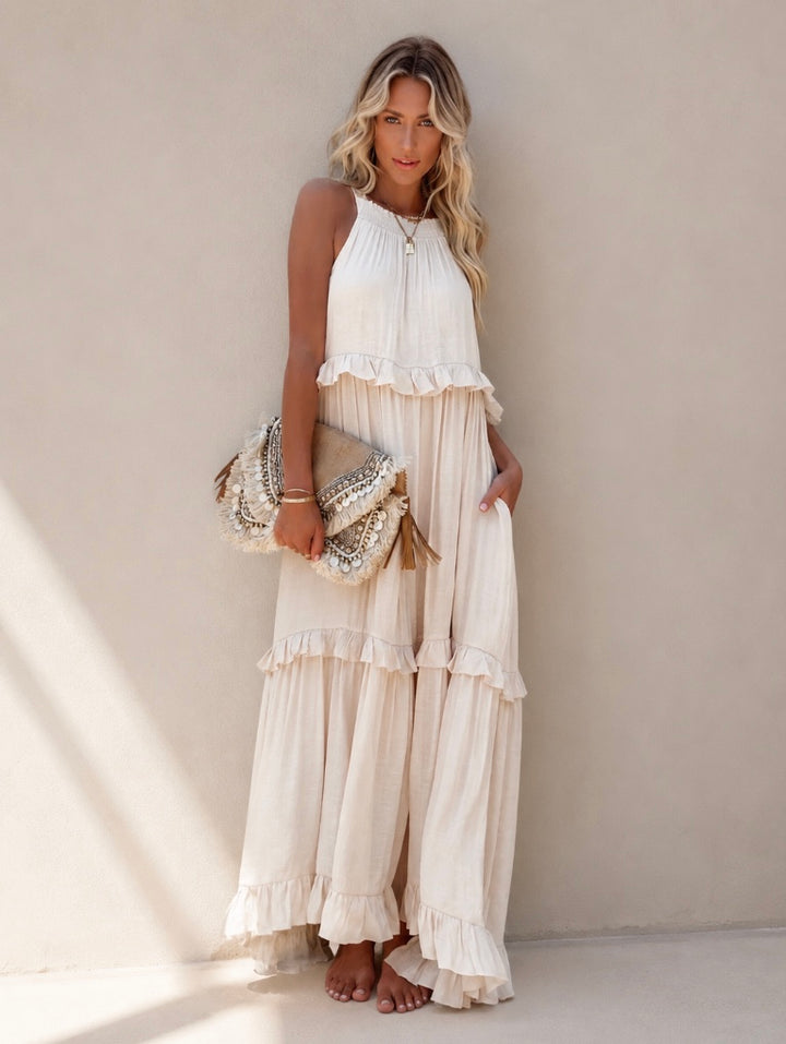VESTIDO COMPRIDO COM FOLHOS