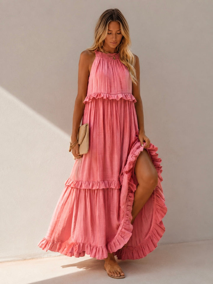 VESTIDO COMPRIDO COM FOLHOS