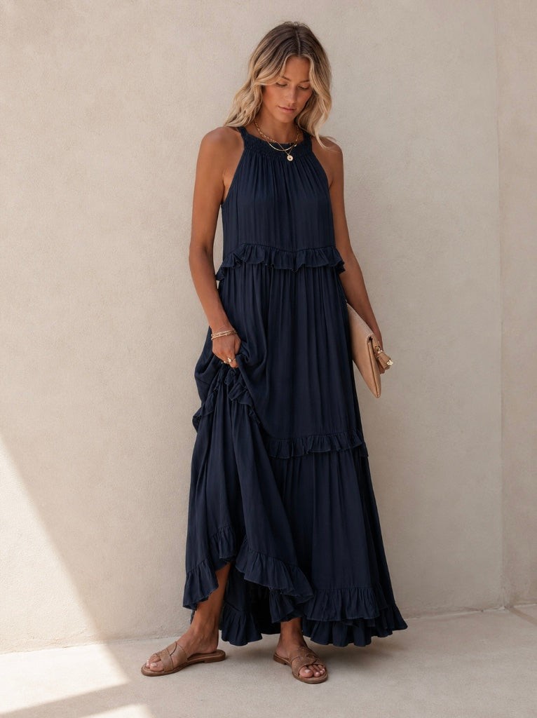 VESTIDO COMPRIDO COM FOLHOS