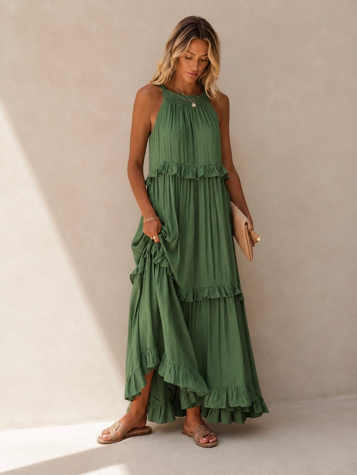 VESTIDO COMPRIDO COM FOLHOS