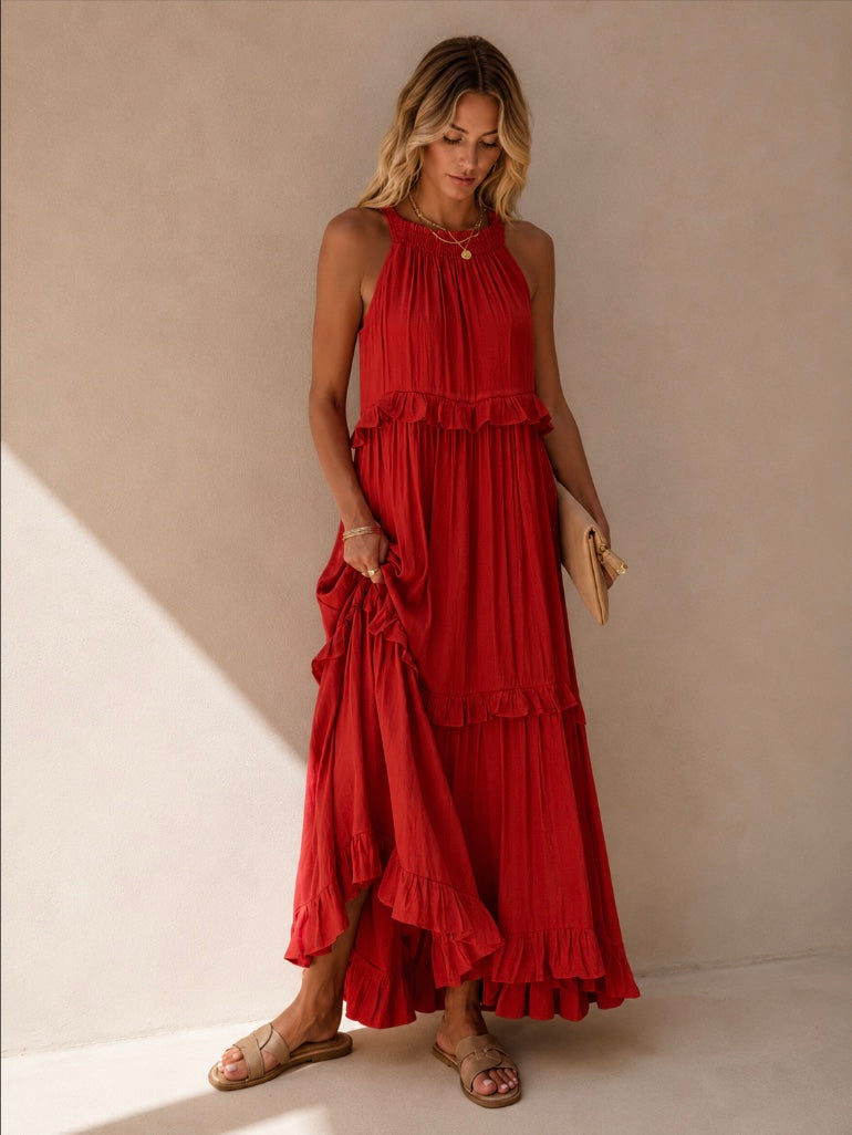 VESTIDO COMPRIDO COM FOLHOS